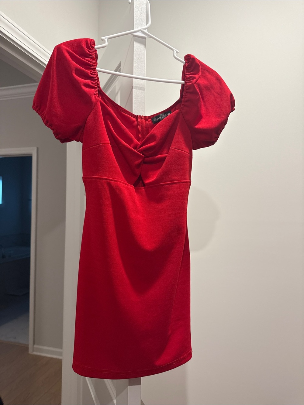 Red Puff-Sleeve Mini Dress with Ruched Front